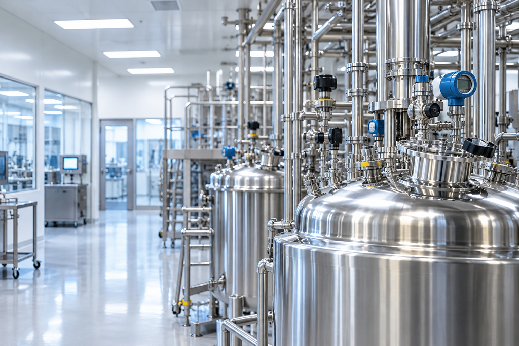Modern pharmaceutical manufacturing facility with stainless steel process equipment